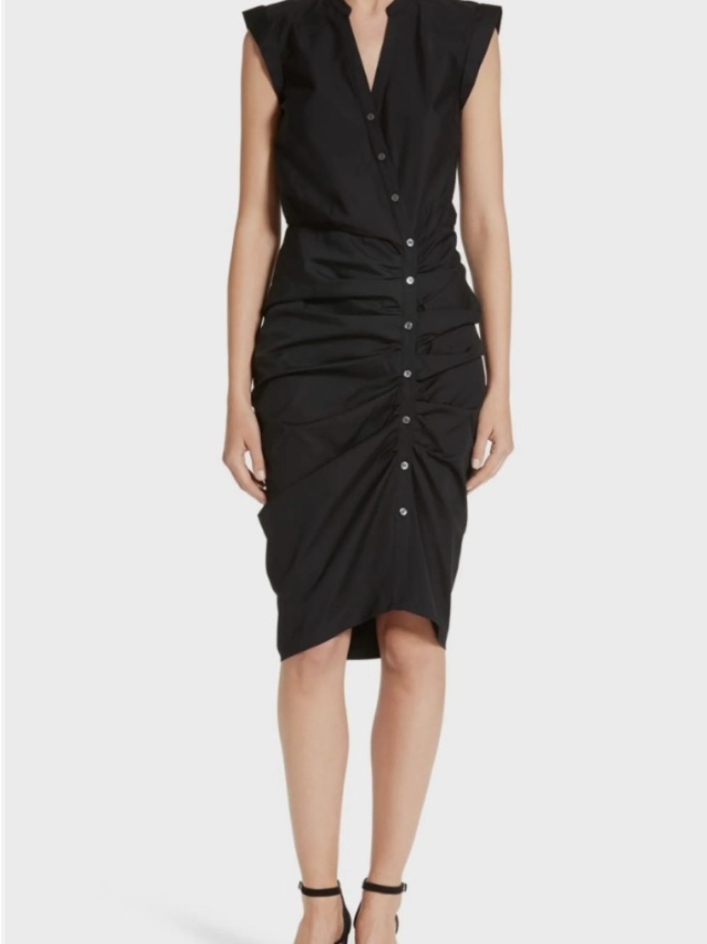 Veronica Beard Black Ruched Button-Front Midi Dress